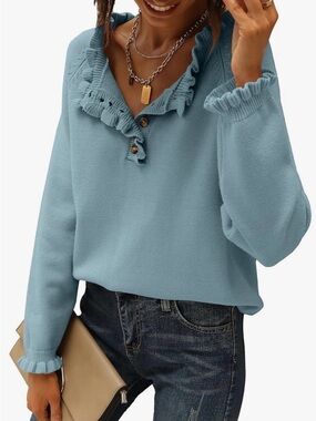 Ruffled V-Neck Knit Sweater in Dusty Blue